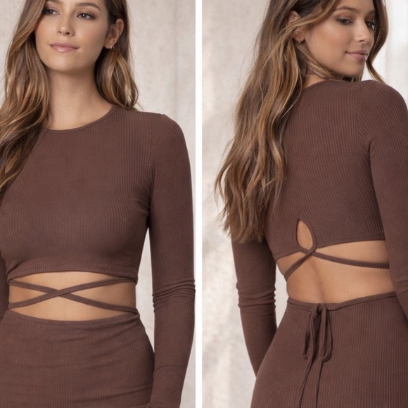 Stillwater Rib Cross Chocolate Brown Long Sleeve Crop Top - Picture 8 of 8